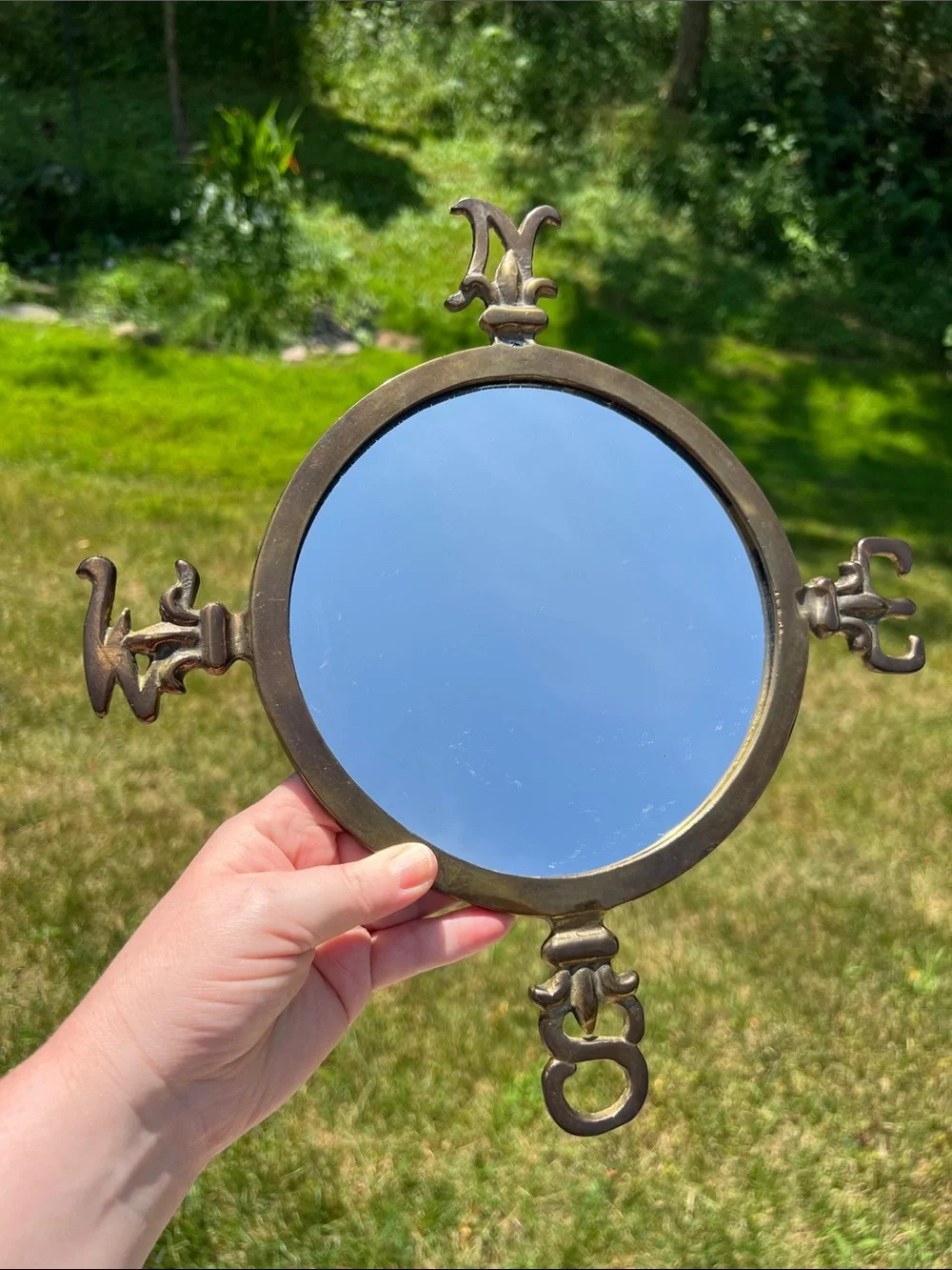 Vintage Antique Nautical Compass Directions Gold Brass Round Wall Mirror